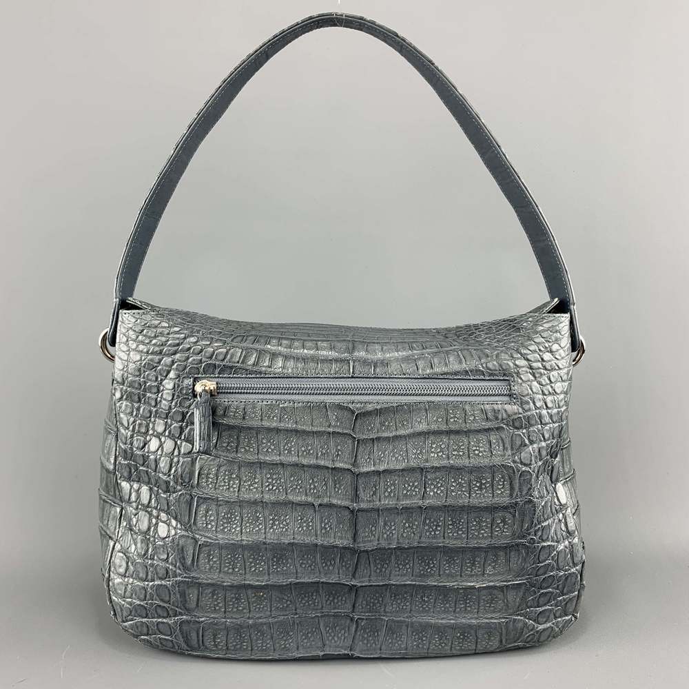 Muted Blue Grey Crocodile Skin Leather Top Handle Handbag - Picture 5 of 11
